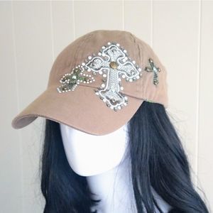Women's Cotton Baseball Truckers Khaki Rhinestone Bling Hat Bad Hair Day Crosses
